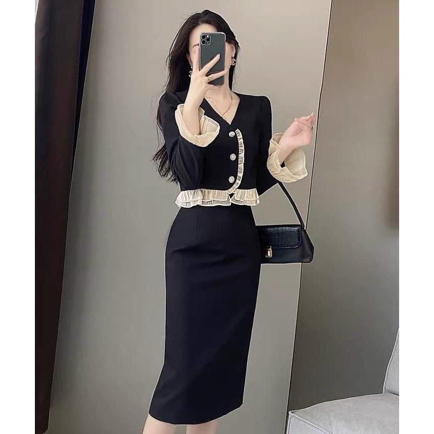 [HCM] Sét Chân Váy Nữ Áo Tay Dài Cài Nút Thời Trang Nữ Sam Closet Free Size 40-55kg