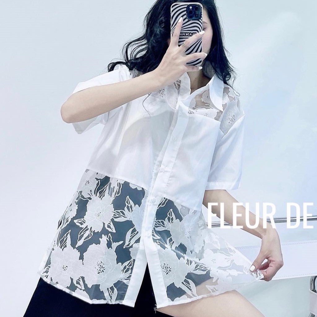 Áo sơ mi tơ hoa Delys sơ mi trắng nữ họa tiết hoa hồng