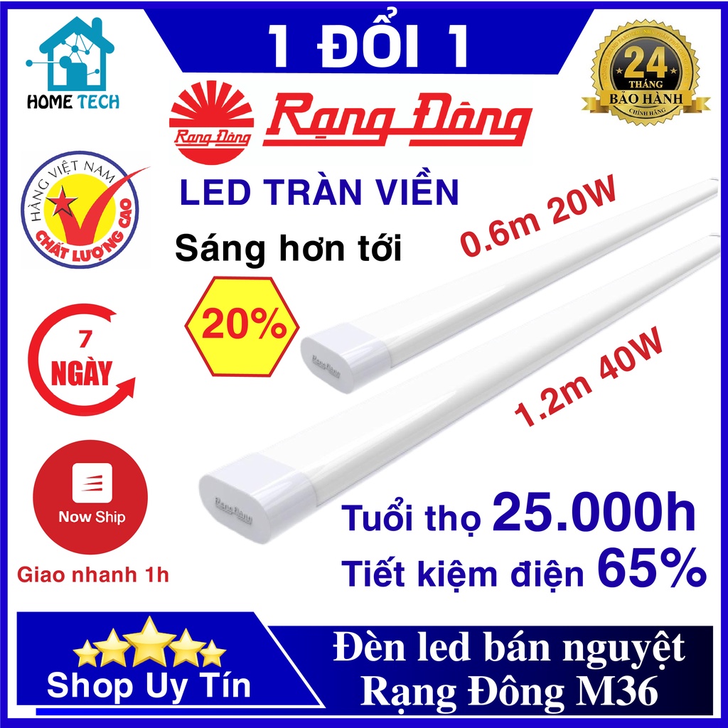 Đèn TUÝP LED bán nguyệt Rạng Đông M36 dài 0.6m và 1.2m, ánh sáng trắng, sáng hơn 20%, góc chiếu sáng rộng lên tới 180 độ