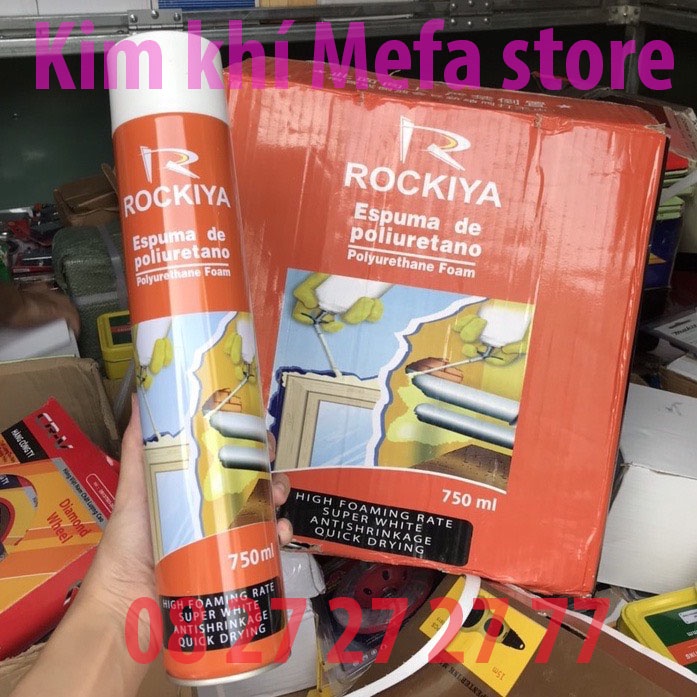 Keo bọt nở Rockiya chai 750ml tỷ lệ tạo bọt cao, siêu trắng, nhanh khô