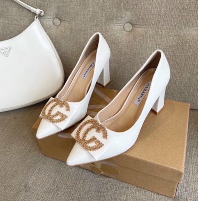 Giày cao gót bít mũi nhọn gót vuông 8 phân mũi hiệu đá vuông hoa liti siêu sang K30