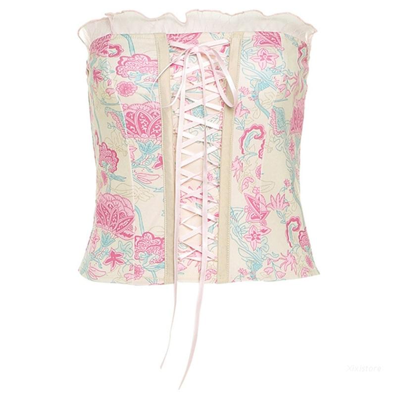 Áo nịt ngực ngắn ôm sát họa tiết hoa hồng với dây buộc chéo phong cách gợi cảm cổ điển thời trang mùa hè cho nữ