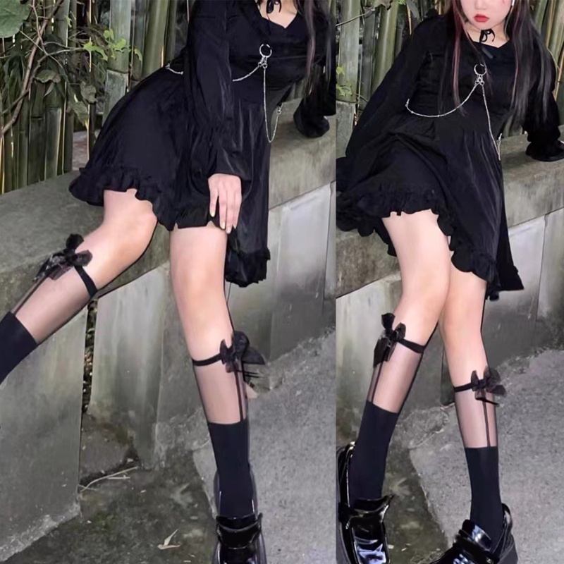 Brroa Vớ Lưới Phối Nơ Kẻ Sọc Phong Cách Gothic Nhật Bản Harajuku Ngọt Ngào Cho Nữ Hàng Có Sẵn