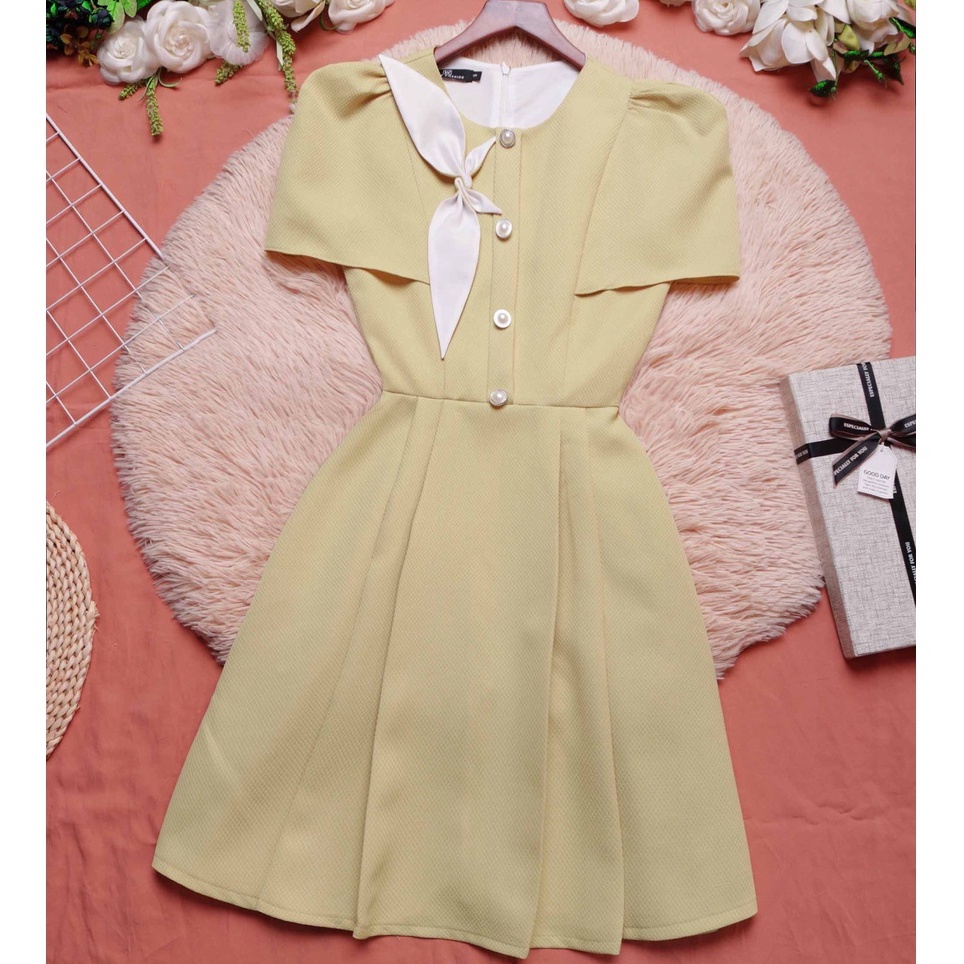Đầm nữ đầm dự tiệc sang trọng thiết kế cao cấp thanh lịch dáng xòe xếp ly tay chùm đẹp đi tiệc cưới đi làm vàng bơ- LuxW