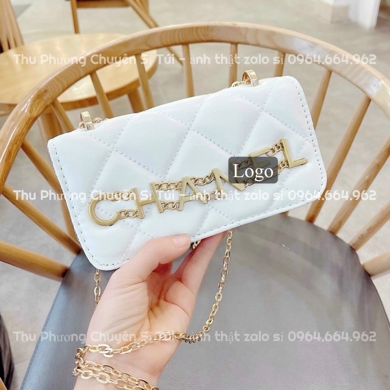 Túi Đeo Chéo, Túi Đeo Vai Trần Ô Logo Xích Phối Chữ Vàng, Chất Da Bóng Mịn Để Vừa Điện Thoại (ảnh thật ở đầu)