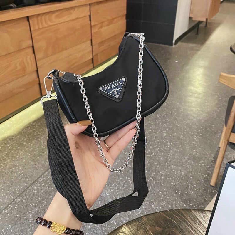 ⚡︎Freeship⚡︎ TÚI ĐEO VAI NỮ PRADA, Túi Dù Mini Size 12cm kèm dây xích (kèm ảnh thật)