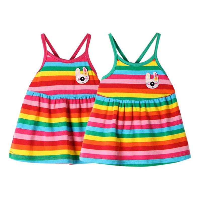 Đầm 2 dây dài ngang gối họa tiết sọc ngang màu cầu vồng xinh xắn cho bé gái