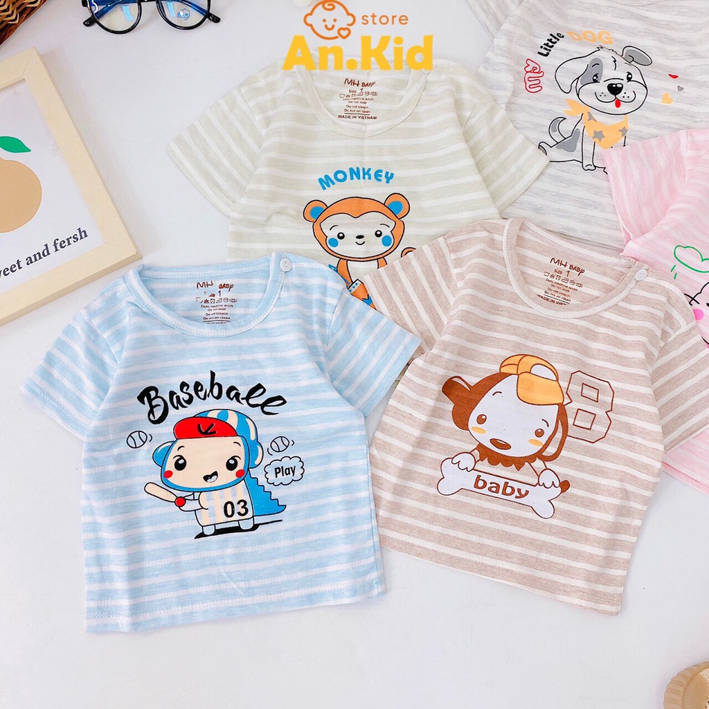 Áo Sơ Sinh Bé Trai, Bé Gái Chất Cotton Mềm Thông Hơi Có Nút Cài Vai Phối Kẻ In Hình, Áo Thun Cộc Tay Cho Bé - AN.KID