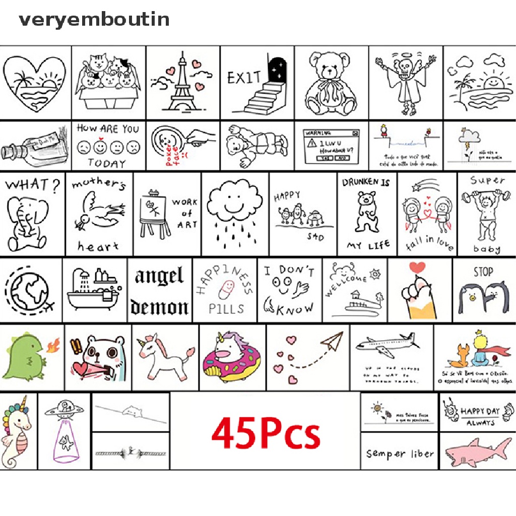 Set 45 Tấm Hình Xăm Tạm Thời Họa Tiết Dễ Thương