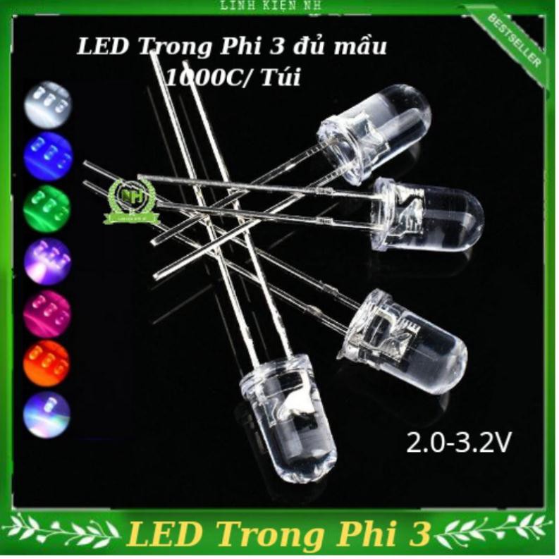 Gói 1000C LED Trong Phi 3 Nhiều Màu 2.0-3.2VDC Loại Tốt Loại Tốt