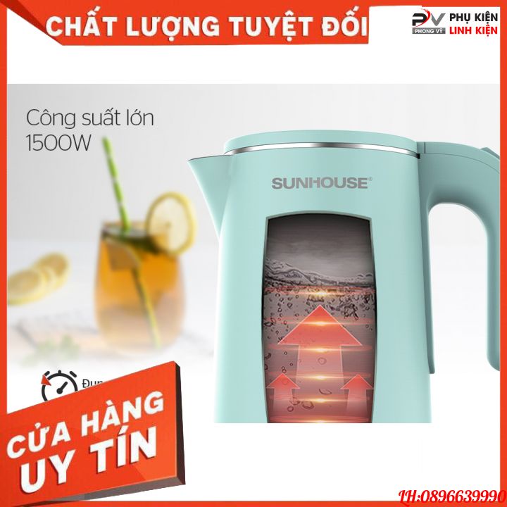 Ấm đun siêu tốc inox SUNHOUSE 2 lớp cao cấp, bền đẹp 1.8L