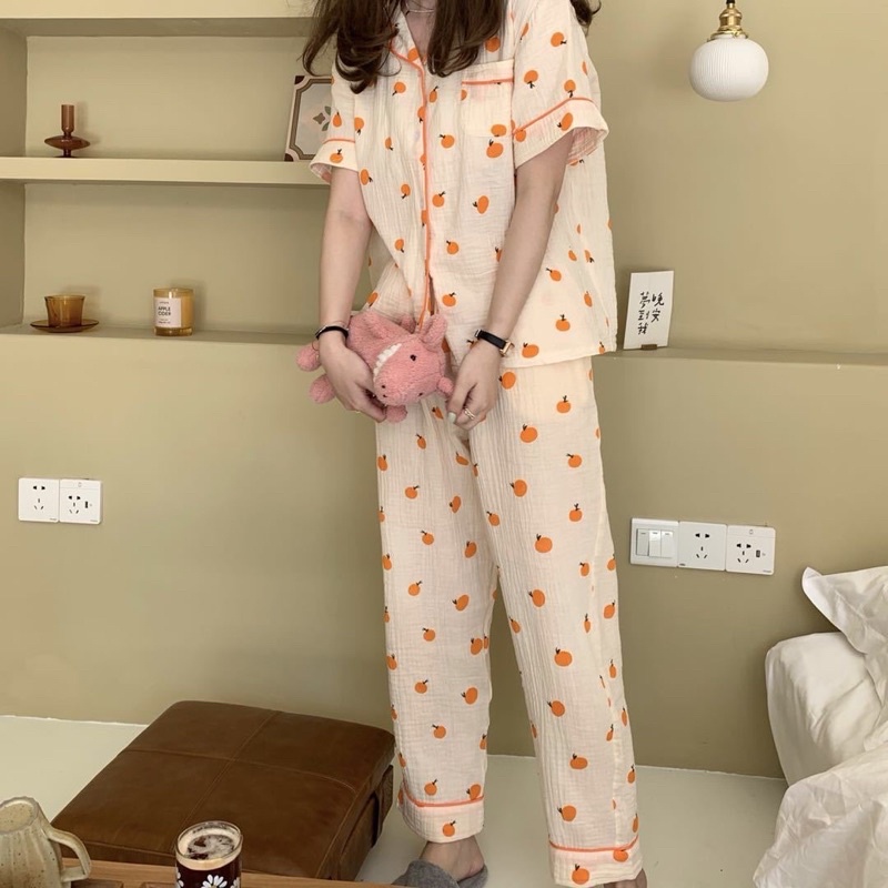 [CÓ SẴN] Đồ ngủ pijama cộc tay quần dài quả cam hè thu bộ ngủ Hàn Quốc ullzang