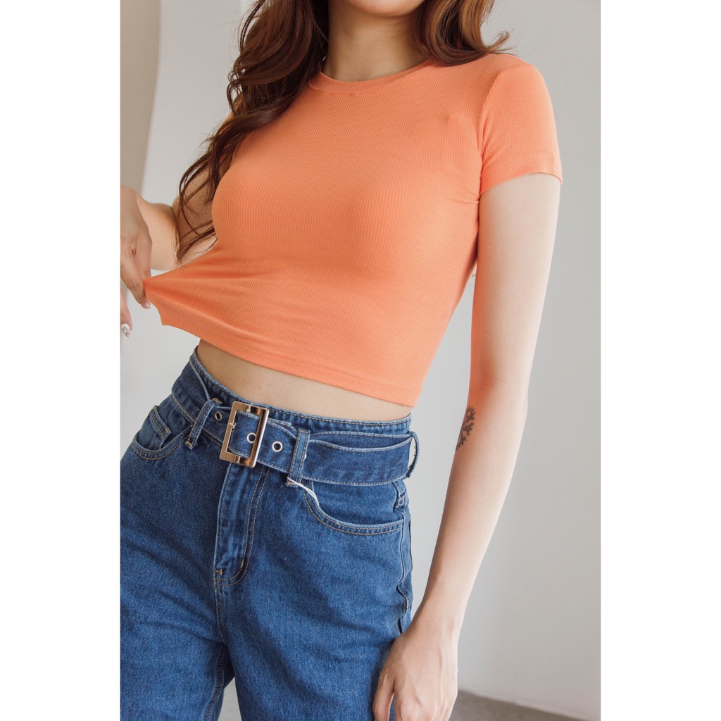 Áo croptop nữ thun tăm cổ tròn cộc tay vintage basic Mia Ritta a2081 ảnh thật