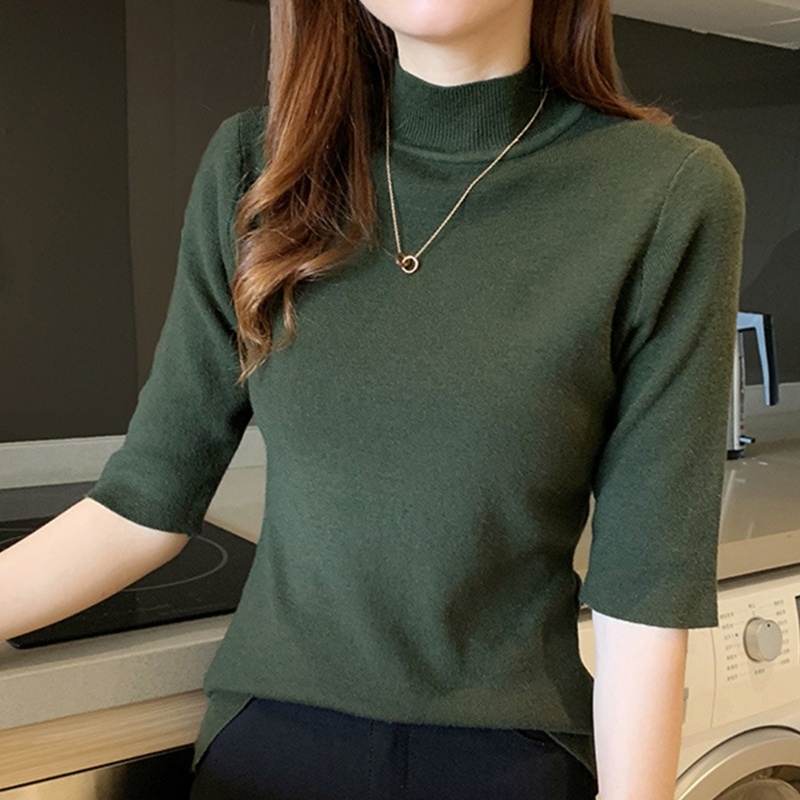 Áo Sweater Dệt Kim Cổ Lọ Tay Lửng Thời Trang Cho Nữ