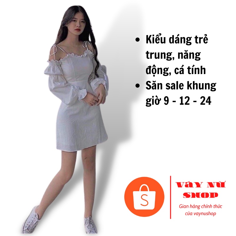 Đầm nữ trễ vai tay phồng , váy nữ tiểu thư dây ngực bèo chất đũi 2 màu trắng đen freeship vaynushop