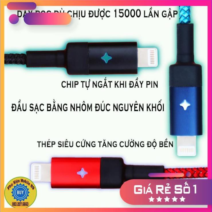 (Sale) Dây Cáp Sạc iphone Tự Ngắt Khi Đầy Pin - Có Đèn Led - Chính hãng E-Com - Bọc dù chống đứt