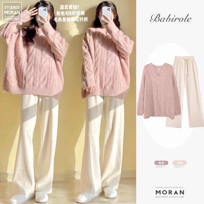 (ORDER.buiny) Áo len nữ MORAN vặn thừng màu hồng cổ V form rộng dài style điệu đà Hàn Quốc | BigBuy360 - bigbuy360.vn