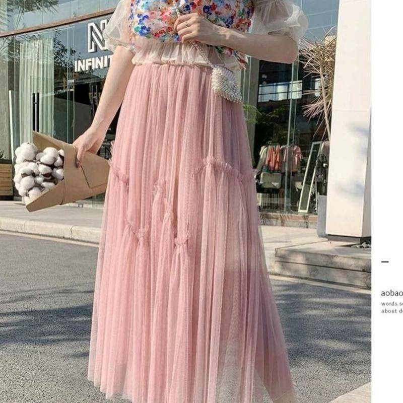 Chân Váy Lưới Dài Qua Gối Màu Hồng Phong Cách Công Chúa Cho Nữ