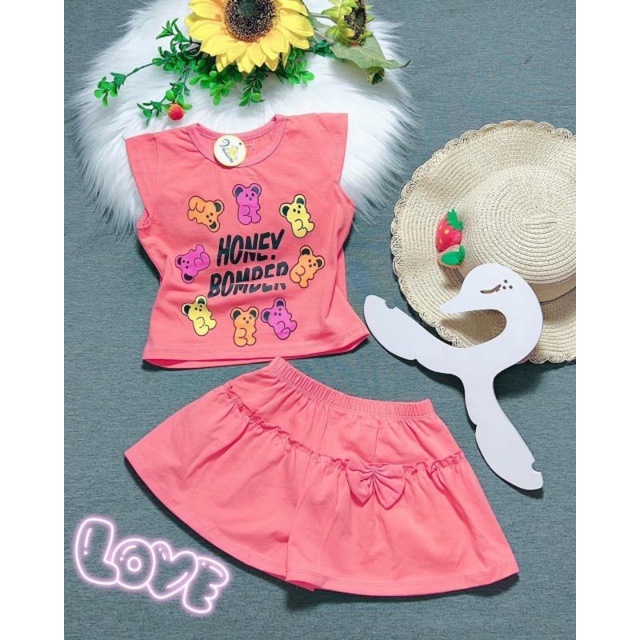 Bộ tay cộc quần đùi váy cho bé gái thun cotton 4 chiều co dãn tốt