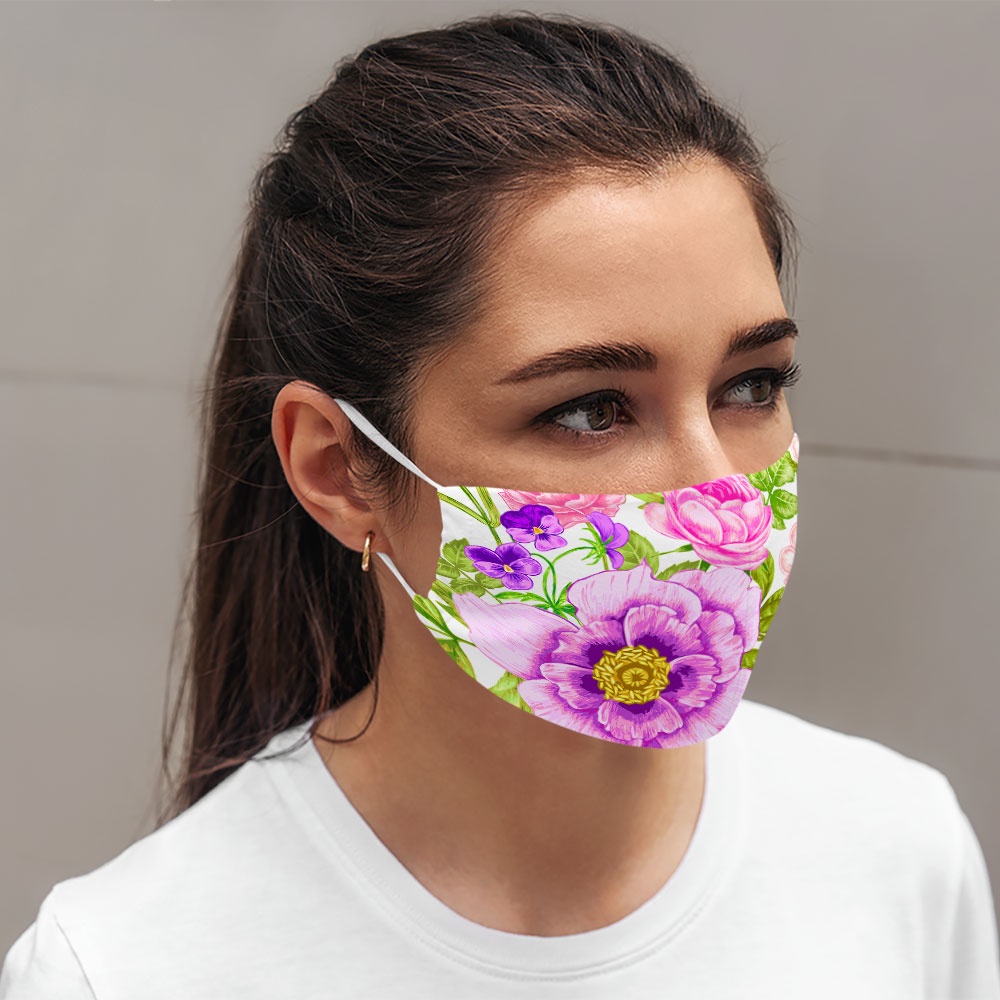 khẩu trang vải chống bụi FLOWERS_1205 CARTWELL chất liệu poly cotton 100%,  chống bụi in họa tiết 3d  unisex