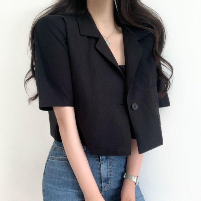 Áo khoác Blazer nữ 1 cúc Tay ngắn Thiết kế Hàn Quốc Blazer khoác lửng nữ Dáng ngắn Phong cách Retro Vintage Thời trang | BigBuy360 - bigbuy360.vn
