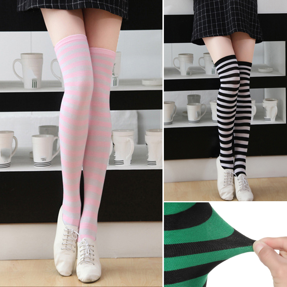 Tất Chân Cotton Dài Qua Gối Kẻ Sọc 12 Màu Thời Trang Cá Tính