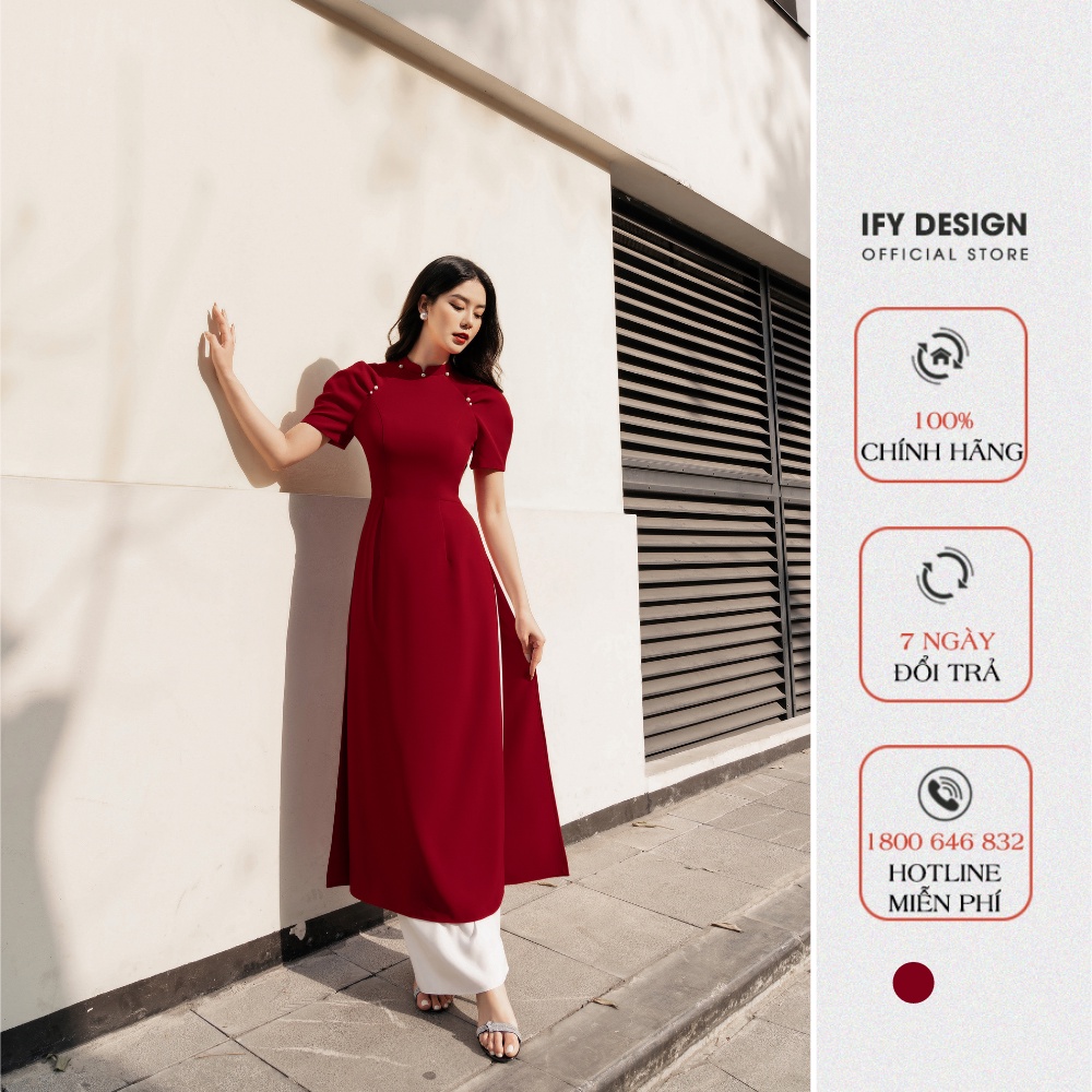 Áo dài cách tân đính ngọc tay bồng màu đỏ IFY Design FAD01A