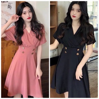 Đầm xòe BlaPink thiết kế tim chéo nút vàng,form dáng chuẩn đẹp