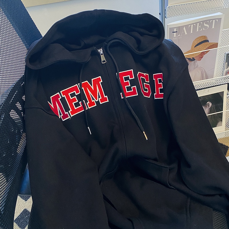 ZHELIHANGFEI Áo Hoodie Tay Dài Form Rộng Họa Tiết Thêu Theo Phong Cách Preppy Mỹ