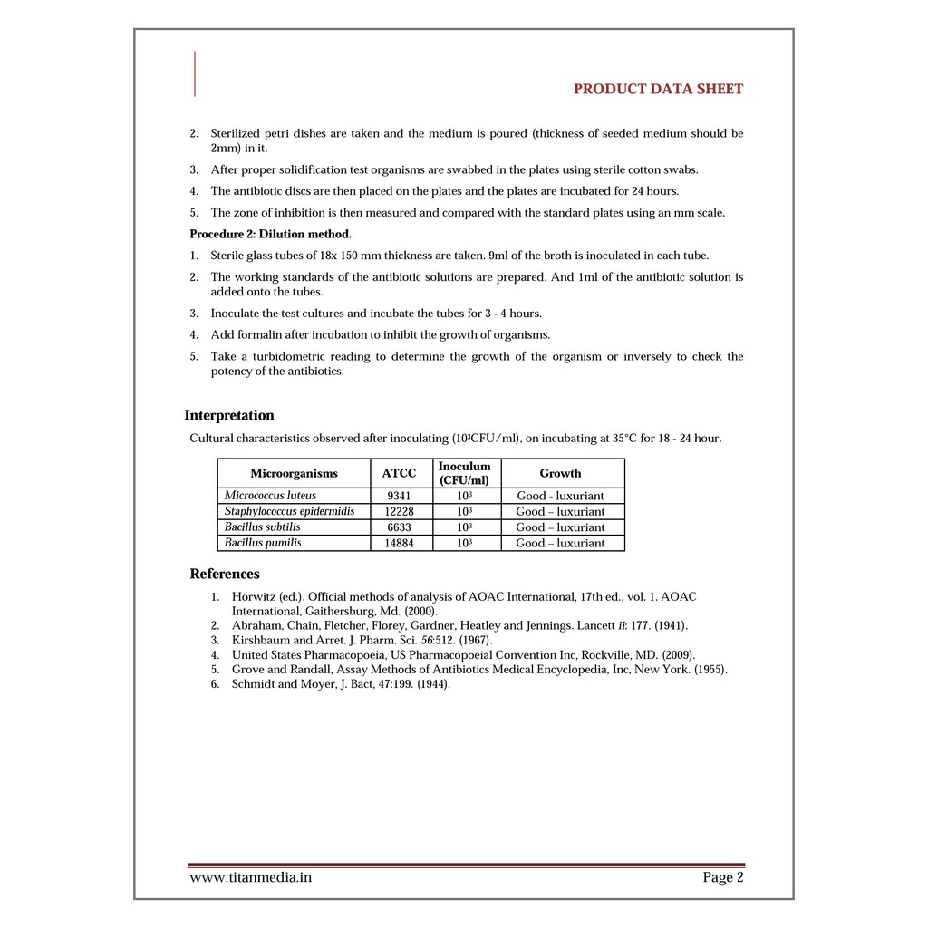 Môi trường ANTIBIOTIC ASSAY MEDIUM NO. 11 (NEOMYCIN, ERYTHROMYCIN ASSAY AGAR) TM 022 TITAN BIOTECH