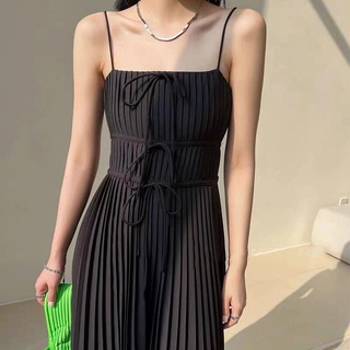 Đầm Hai Dây Màu Đen Chiết Eo Xếp Ly Phong Cách Pháp Cổ Điển Thời Trang Mùa Hè Cho Nữ