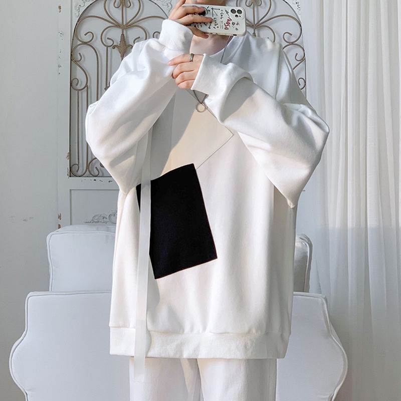 Áo Sweater Phối Dây Ruy Băng Trắng Đen Kiểu Hồng Kông Cá Tính Cho Nam