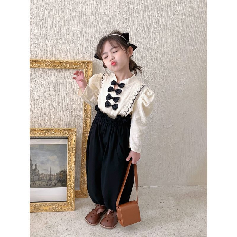 Bộ Áo Tay Phồng Đính Nơ + Quần Dài Thời Trang Xuân Thu Cho Bé Gái