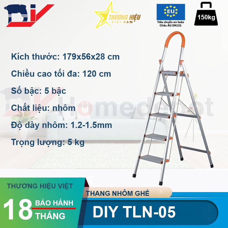 Thang nhôm ghế 5 bậc DIY TLN-05 chiều cao sử dụng tối đa 120cm - Tiêu chuẩn an toàn Châu Âu - Bảo hành 18 tháng