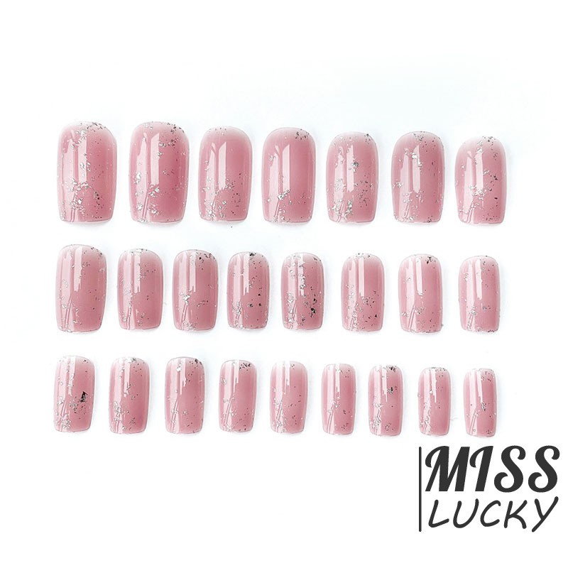 Bộ 24 Móng Tay Giả Dáng Dài Đính Kim Tuyến Màu Hồng Cho Nữ