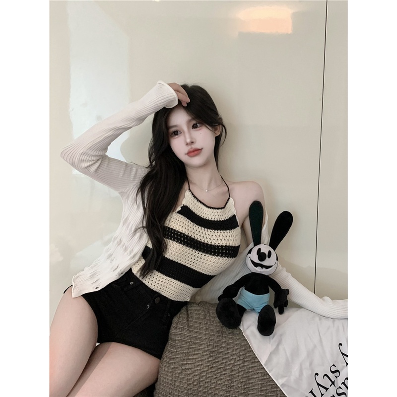 Porozi  Áo cổ yếm dệt kim mỏng  họa tiết kẻ sọc thời trang Hàn Quốc cho nữ