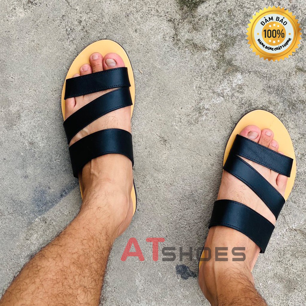 Dép Sandal Nam Atshoes Dép Da Bò Thật Đế Cao Su Chống Trơn Trượt XDSG201 (Đen - Nâu)