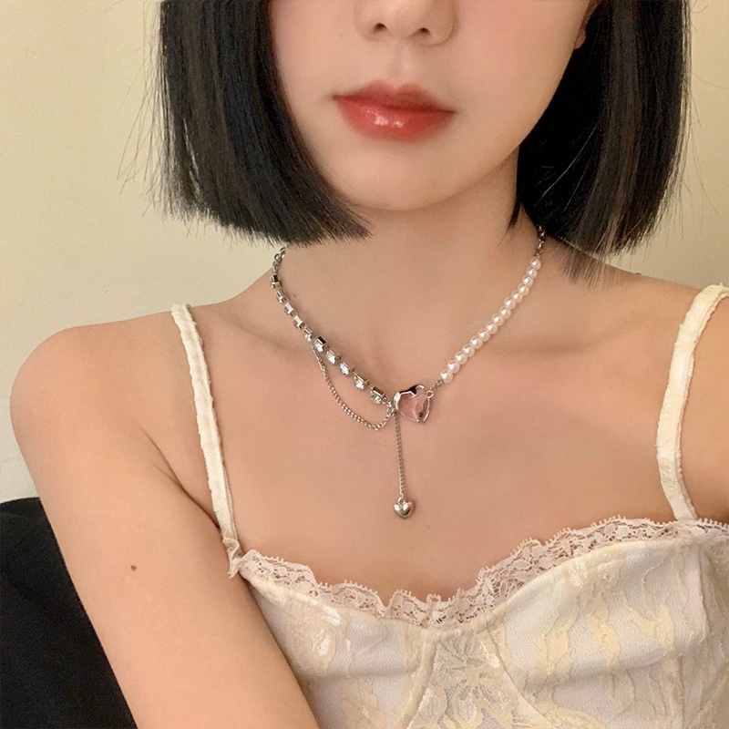 【Kifli】Vòng cổ trái tim ngọc trai Hàn Quốc cho phụ nữ Vòng cổ Choker bạc Phụ kiện Trang sức