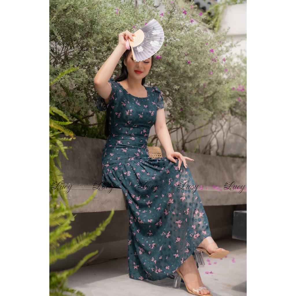 Đầm Maxi hoa voan tơ thêu cổ tròn Váy Lucy 1071