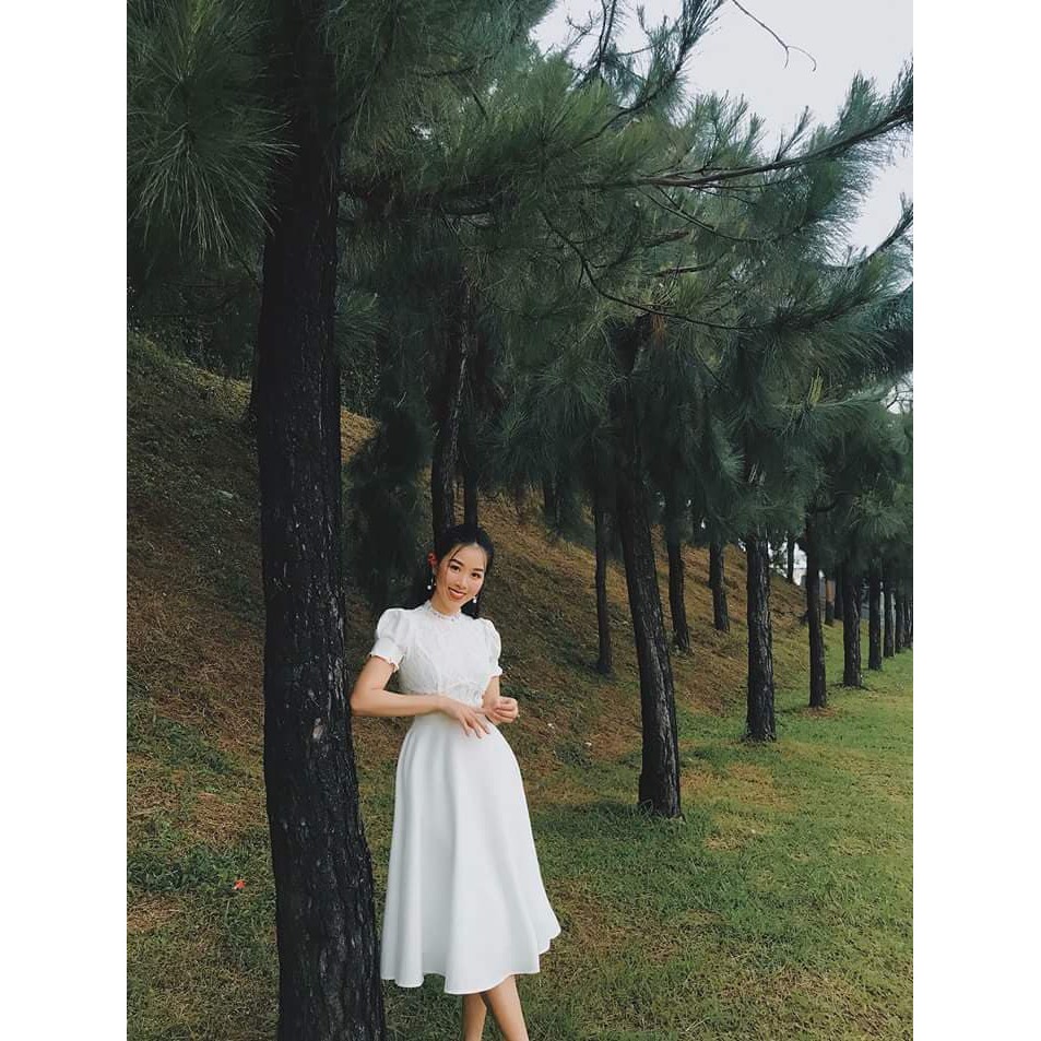đầm xòe tay con phối ren ngực