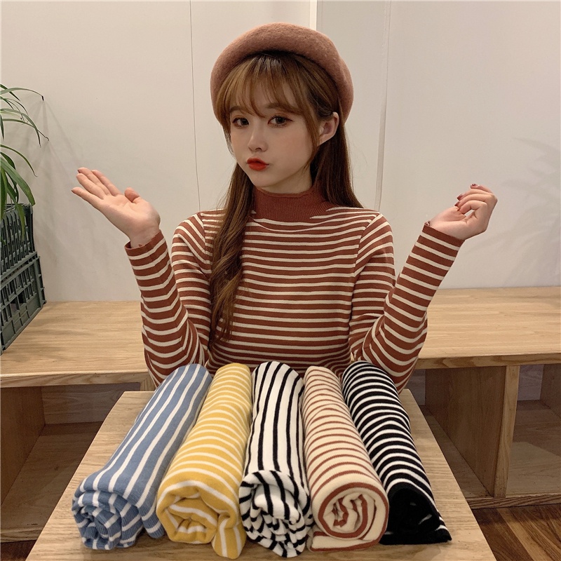 Áo dệt kim tay dài kẻ sọc ngang đơn giản phong cách Hàn Quốc