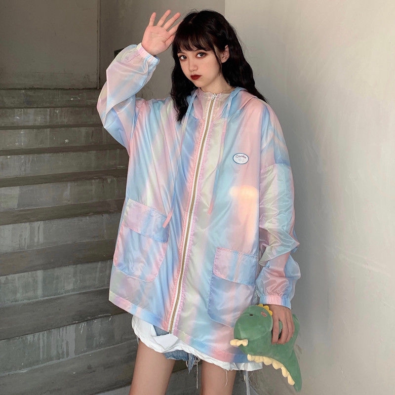 Áo Khoác Hoodie Chống Nắng Dáng Rộng Có Khóa Kéo Màu Sắc Cầu Vồng Phong Cách Hàn Quốc Cho Nữ