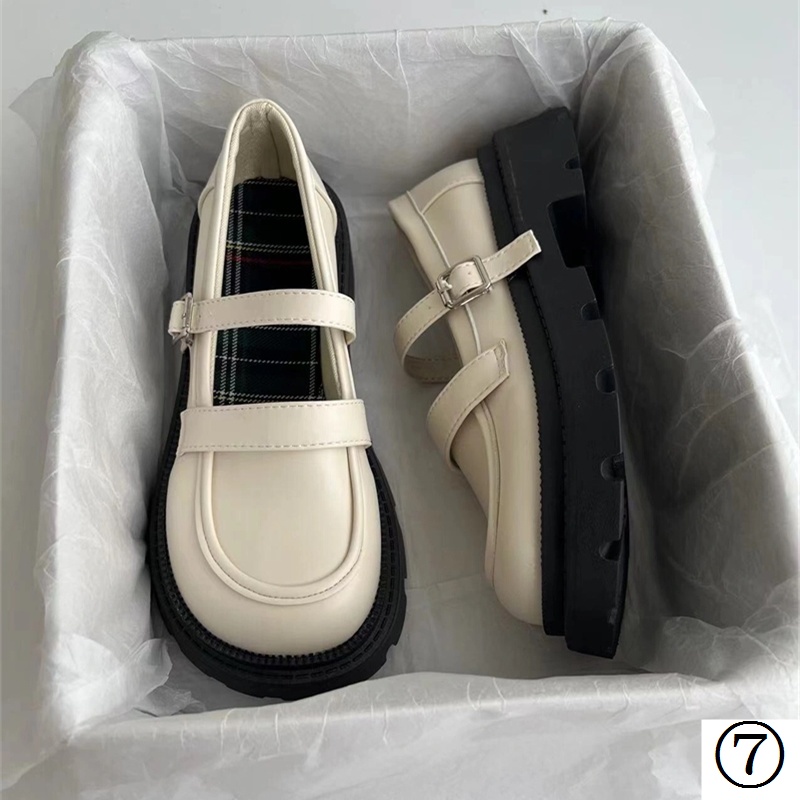 Giày Cao Gót Mũi Tròn Chất Liệu Da Phong Cách Retro Nhật Bản