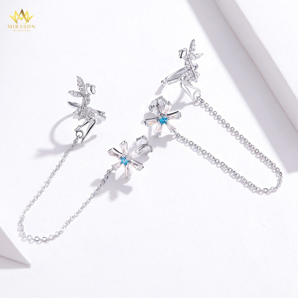 Khuyên Tai Bạc Nữ MIRASON Nàng Tiên Nạm Đá Mix Sợi Dài Hoa 5 Cánh MBT014 - Bông Tai Nữ Bạc 925 Cao Cấp