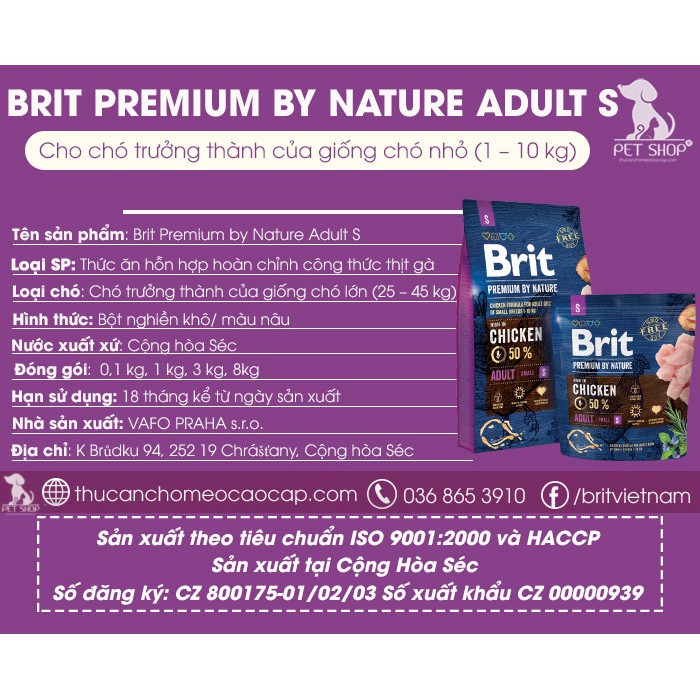 [ Vị Thịt Gà Tươi]:Thức Ăn Cho Chó Poodle Trưởng Thành Trên 12 Tháng Tuổi Brit Premium by Nature Adult S