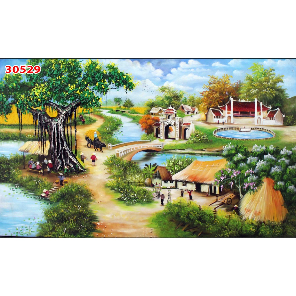 Tranh Dán Tường 3D Đồng Quê Ruộng Lúa Chín Thơm, hình ảnh đầu làng, đường làng quen thuộc thế hệ xưa