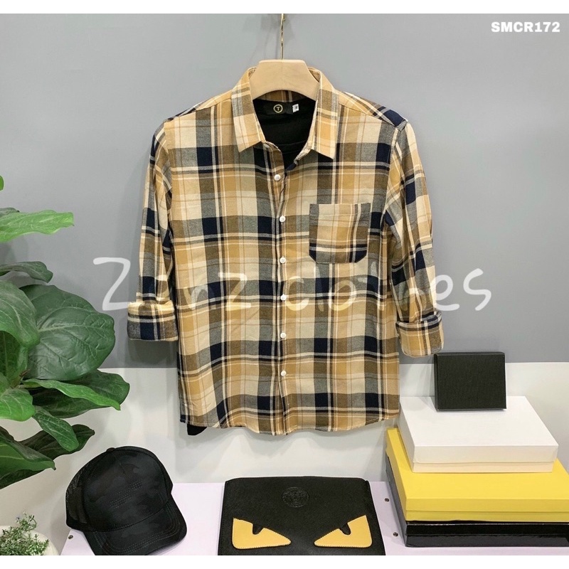 Áo sơmi nam dài tay có túi sọc caro