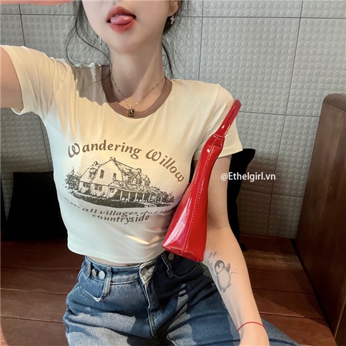 Áo Thun Croptop Cổ Tròn Tay Ngắn In Họa Tiết Thời Trang Cho Nữ