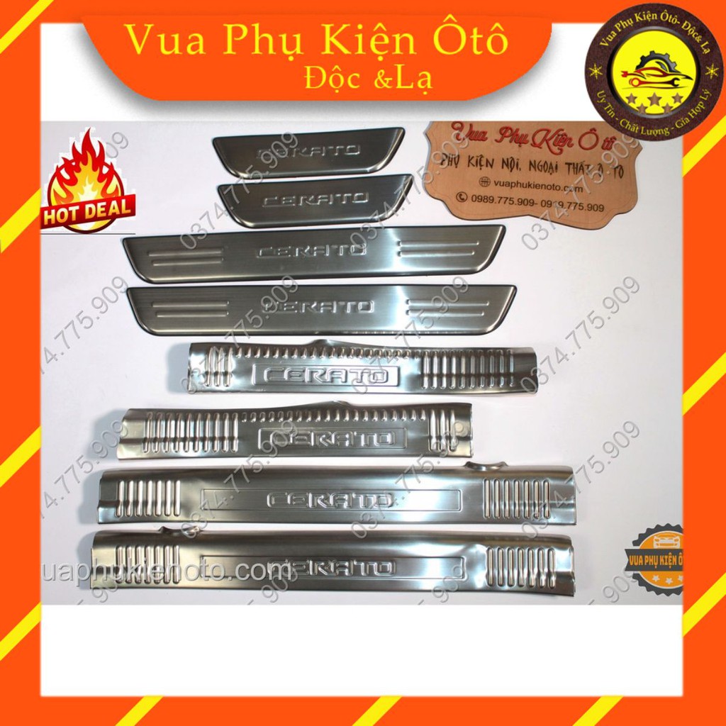 (TẶNG THÊM 2 cuộn băng keo 3M) Ốp bậc cửa Cerato 2016- 2018, 2019-2020 - Bộ 8 miếng inox trong ngoài