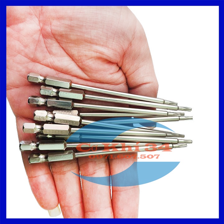 Mũi vít hoa thị T9 có lỗ chuôi lục giác dài 100mm hãng Broppe